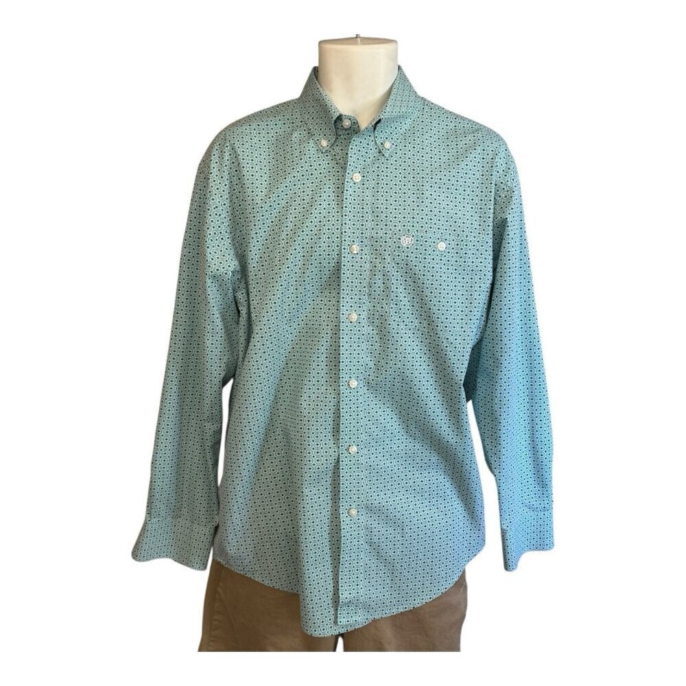 Wrangler Mens Diamond Geo Print Long Sleeve Button Up Shirt~Size M~Teal L13 02